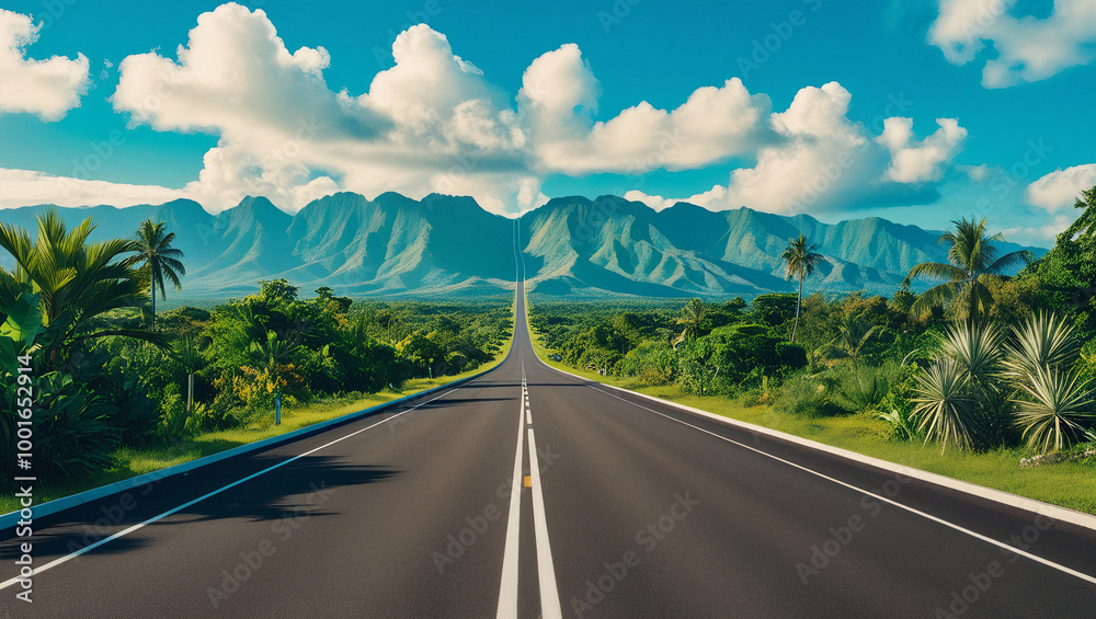 Fototapeta premium Endless road leading into lush tropical mountains under a bright sky