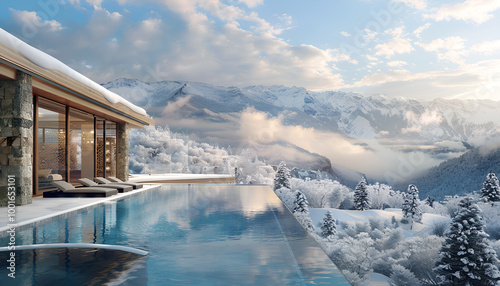 Stunning Mountain Ski Resort with Infinity Pool Overlooking Snowy Peaks in Winter. Concept of Luxury, Alpine Relaxation, and Scenic Landscapes photo