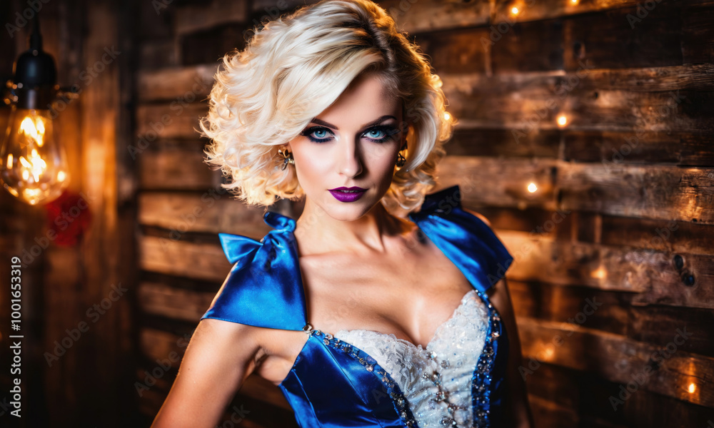 A woman with blonde curls wears a blue dress and looks directly at the camera A woman with blonde curls wears a blue dress and looks directly at the camera