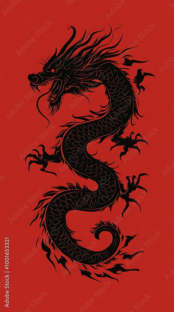 Black Chinese Dragon on Red Background Black Chinese Dragon on Red Background