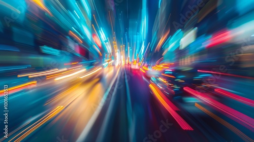 Abstract Blurred Night Heavy Traffic in the City. Concept of Urban Life, Fast-paced Movement, and Modern Cityscape. Background. Copy space