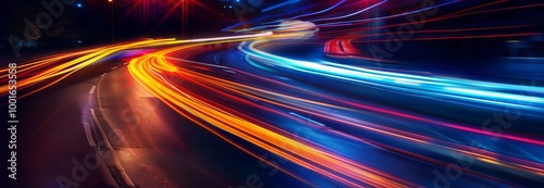 Blurred Night Heavy Traffic in the City with Abstract Light Trails. Concept of Urban Life, City Nightscape, Dynamic Motion. Banner. Background. Copy space