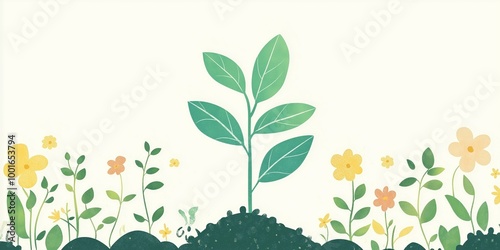 Illustration of small plants and flowers sprouting from the soil, representing growth and renewal in a clean, minimalistic style, ideal for nature-inspired designs, copy space, selective focus

 photo