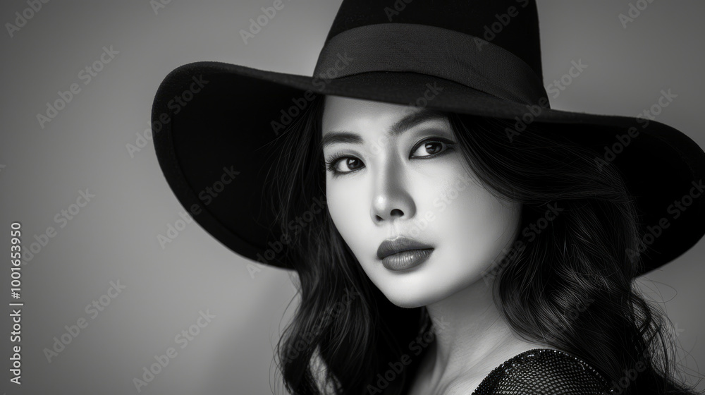 Elegant Young Asian Woman in Wide-Brimmed Hat. Concept of Fashion, Confidence, Timeless Elegance, Beauty, Vintage Style. Black and White. Copy space Elegant Young Asian Woman in Wide-Brimmed Hat. Concept of Fashion, Confidence, Timeless Elegance, Beauty, Vintage Style. Black and White. Copy space