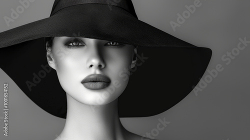 Elegant Young Woman in Wide-Brimmed Hat on Grey Background. Concept of Timeless Fashion, Chic Style, Classic Elegance. Black and White. Copy space. Copy space