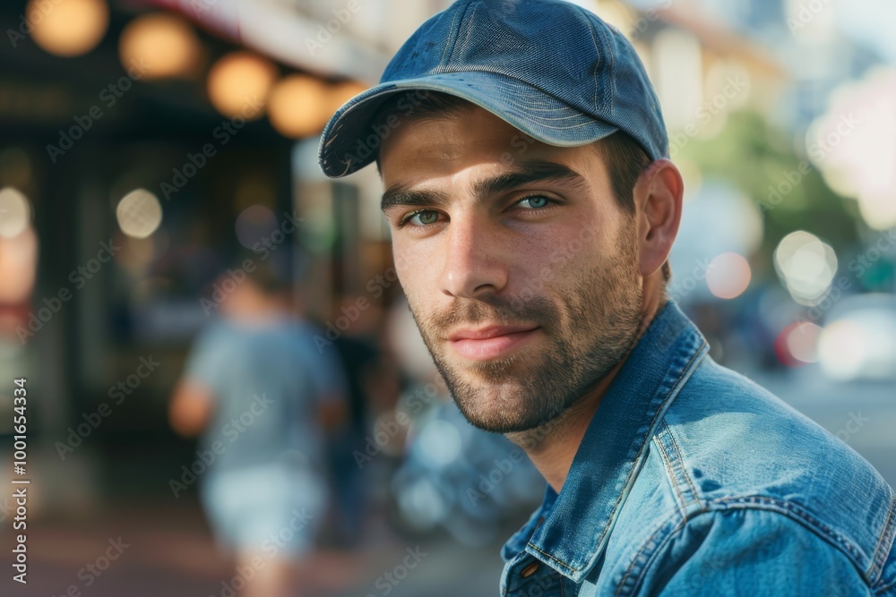 Portrait of a young handsome trendy man wearing a cap of blue jeans color Portrait of a young handsome trendy man wearing a cap of blue jeans color