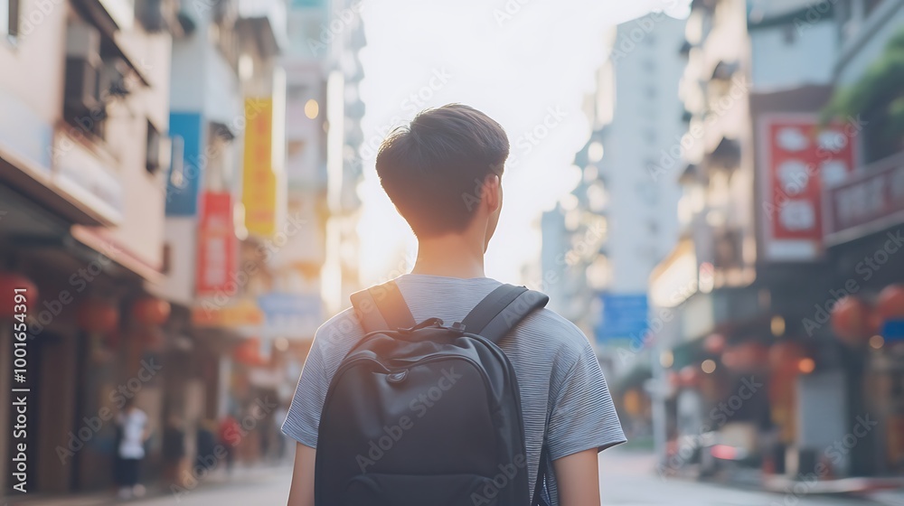 Young man with backpack looking at city skyline, travel, adventure, urban exploration concept Young man with backpack looking at city skyline, travel, adventure, urban exploration concept