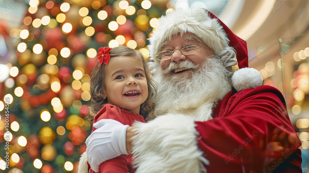 Joyful Santa Claus holding happy little girl with Christmas tree lights in background at shopping mall. Concept of holiday season, festive celebrations, family moments, joyful expressions, cute child Joyful Santa Claus holding happy little girl with Christmas tree lights in background at shopping mall. Concept of holiday season, festive celebrations, family moments, joyful expressions, cute child