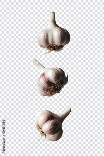 Falling Garlic in mid air on a transparent background. AI generated