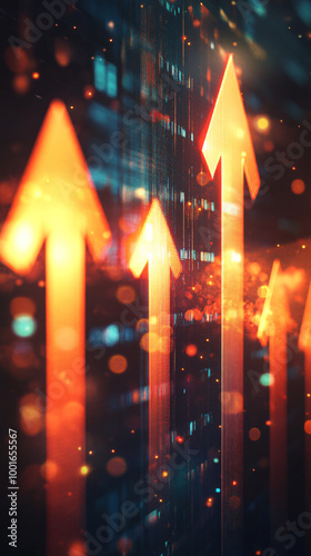 Multiple luminous arrows pointing up on a digital background, representing growth and success