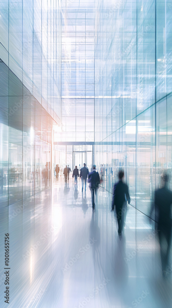 Business people are walking in a bright and modern office corridor with motion blur Business people are walking in a bright and modern office corridor with motion blur