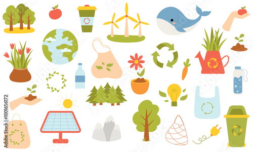 Ecological set of elements. Eco-Friendly lifestyle and green nature care. Vector Illustration.