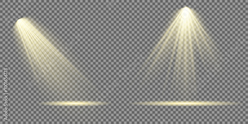 Set of Spotlight isolated on transparent background. Light effect with gold rays. Light sources, concert lighting, stage spotlights. Shine vertical theater projector beam template for design. Vector.