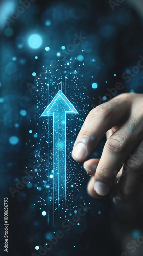 Businessman points at a digital arrow made of particles, representing business growth and success