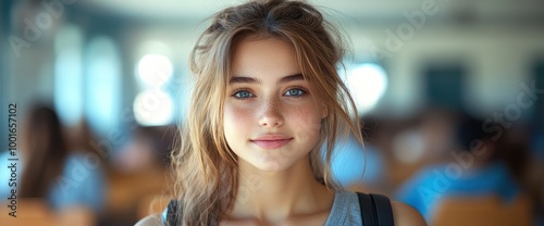 Young Woman with Blonde Hair and Blue Eyes Smiling