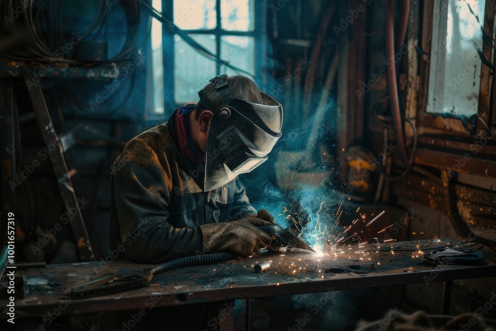 Skilled Welder at Work in the Workshop Skilled Welder at Work in the Workshop