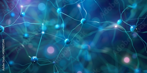 Stylized neural network illustration featuring interconnected nodes and synapses in a digital blue environment