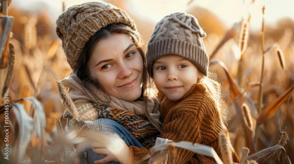 Obraz premium Mother and her child navigating through a tall corn maze, laughing as they try to find their way out on a crisp autumn afternoon , woman and kid Autumn Corn Maze Adventure concept image