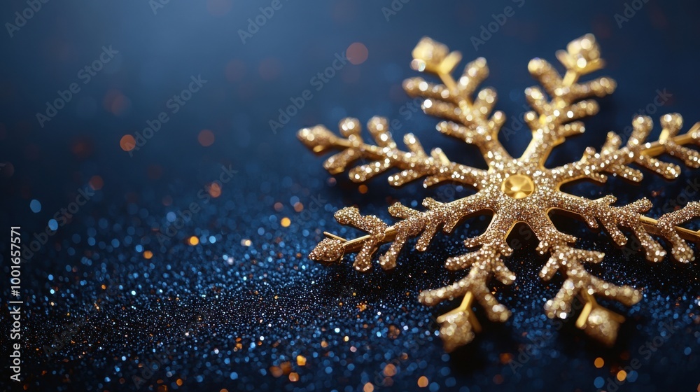 A golden glitter snowflake ornament on a dark blue background with bokeh lights. Holiday, festive season, and decoration concept A golden glitter snowflake ornament on a dark blue background with bokeh lights. Holiday, festive season, and decoration concept