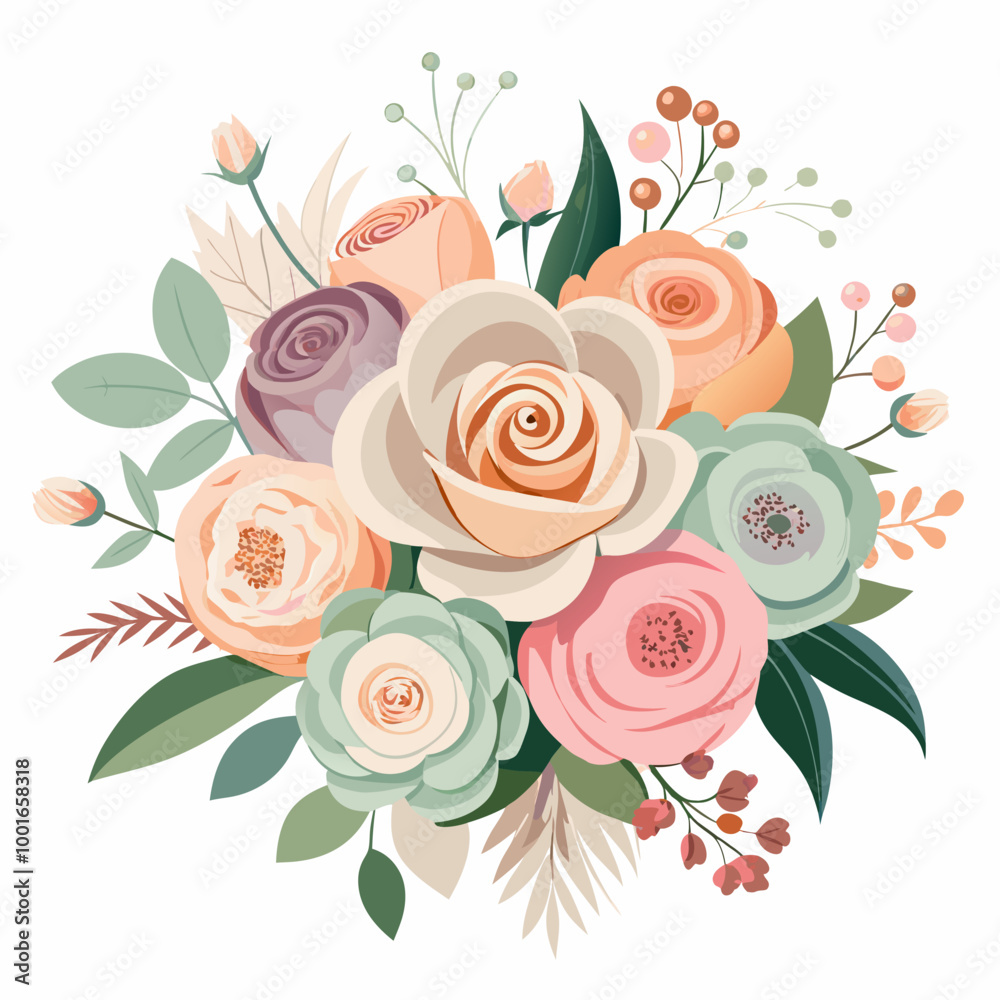 Fototapeta premium A beautiful bouquet of pastel roses and other flowers, perfect for adding a touch of elegance and romance to your designs. This delicate floral illustration is ideal for weddings, invitations.
