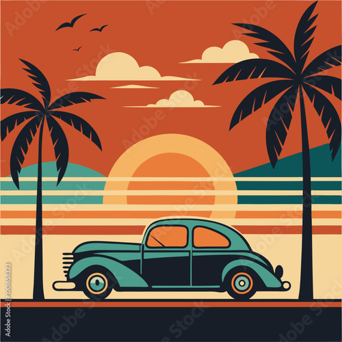 A vintage car cruises along a scenic coastline with palm trees and a sunset in the background.  This retro-inspired illustration evokes a sense of nostalgia and carefree summer days.