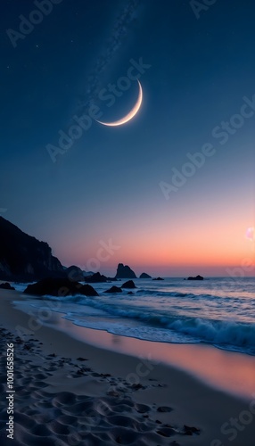 A tranquil beach scene with gentle waves and a crescent moon in a deep, fiery blue sunset sky. Phone wallpaper.