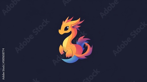 Cute Orange and Blue Dragon Illustration on Dark Background photo