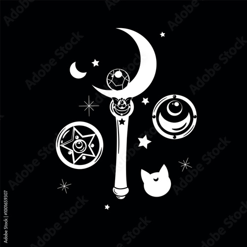 patron lineal de ilustracion vectorial de broche y espejo compacto de maquillaje con forma de estrella , cetro lunar, silueta de gato y estellas con lunas