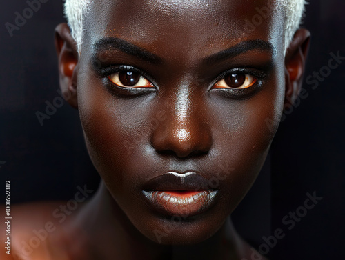 A woman with short hair and a tan background, generative ai image.,