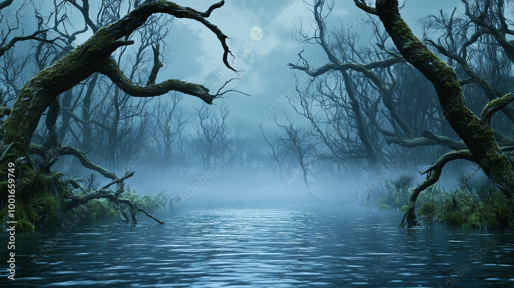 Dark Foggy Swamp with Twisted Trees Dark Foggy Swamp with Twisted Trees