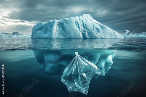 iceberg and submerged plastic bag ocean pollution concept environmental photography
 photo