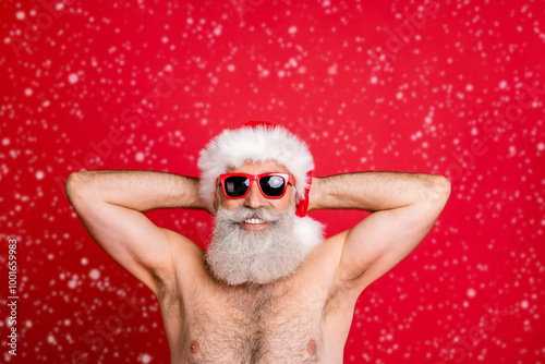 Close-up portrait of his he nice handsome cheerful cheery peaceful gray-haired man having fun relaxation time festive fest weekend isolated over bright vivid shine red background