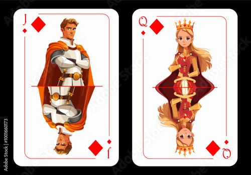 Queen of diamonds and jack of diamonds, original design of playing cards on black background. Vector illustration