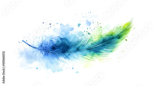 A feather with soft blue and green hues, delicate watercolor strokes isolated on white background ready to bring joy to any space , cartoon drawing, water color style photo