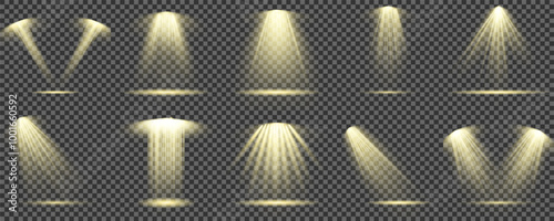 Set of Spotlight isolated on transparent background. Light effect with gold rays. Light sources, concert lighting, stage spotlights. Shine vertical theater projector beam template for design. Vector.