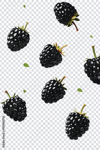 Falling Black berry in mid air on a transparent background. AI generated