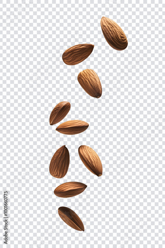 Falling almonds nuts in mid air on a transparent background. AI generated