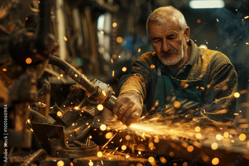 Skilled Craftsman Working with a Grinder in His Workshop