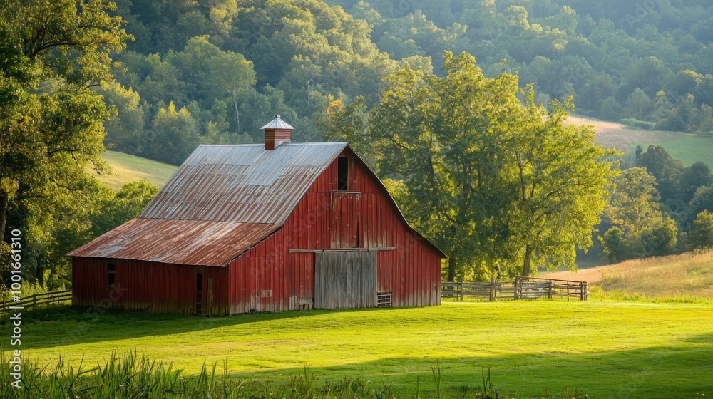 Fototapeta premium Rustic barn surrounded by picturesque landscape
