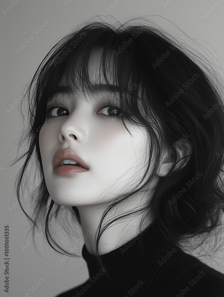 A portrait of a young Korean woman with tousled hair and a turtleneck sweater showcasing soft features and a contemplative expression A portrait of a young Korean woman with tousled hair and a turtleneck sweater showcasing soft features and a contemplative expression