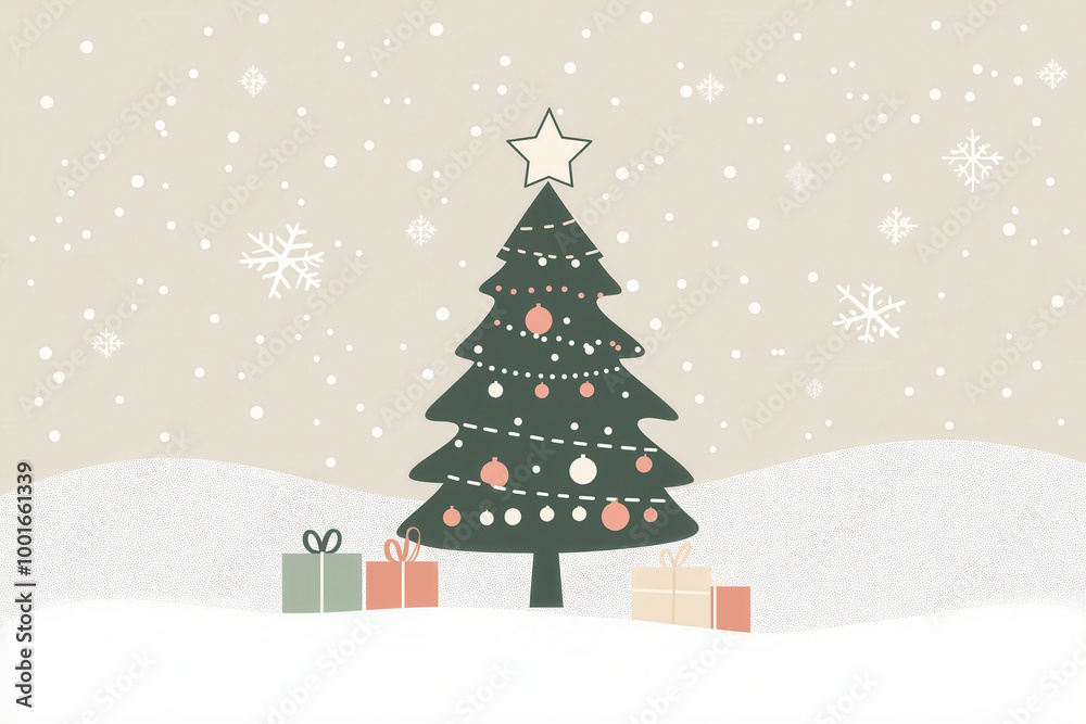 Minimalist Christmas tree with snowflakes and wrapped presents in a snowy winter landscape AI generated Minimalist Christmas tree with snowflakes and wrapped presents in a snowy winter landscape AI generated
