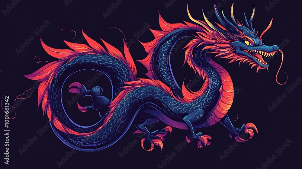 Fototapeta premium Mythical Chinese Dragon Illustration with Colorful Scales