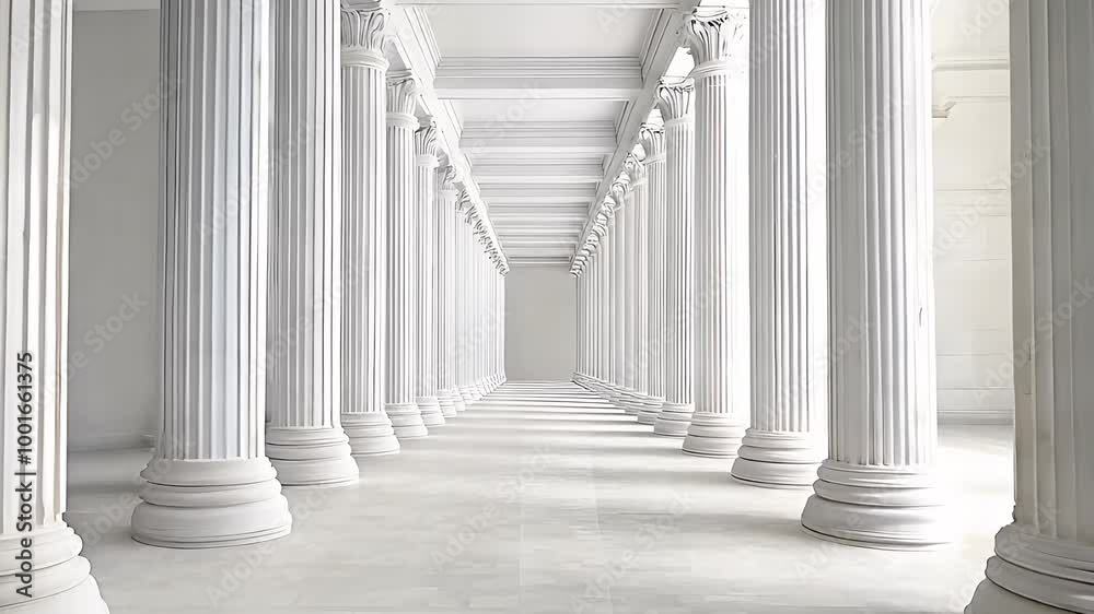 Classical white columns in a bright and elegant architectural space with symmetrical lines. Concept of timeless design, history, and ancient civilizations Classical white columns in a bright and elegant architectural space with symmetrical lines. Concept of timeless design, history, and ancient civilizations