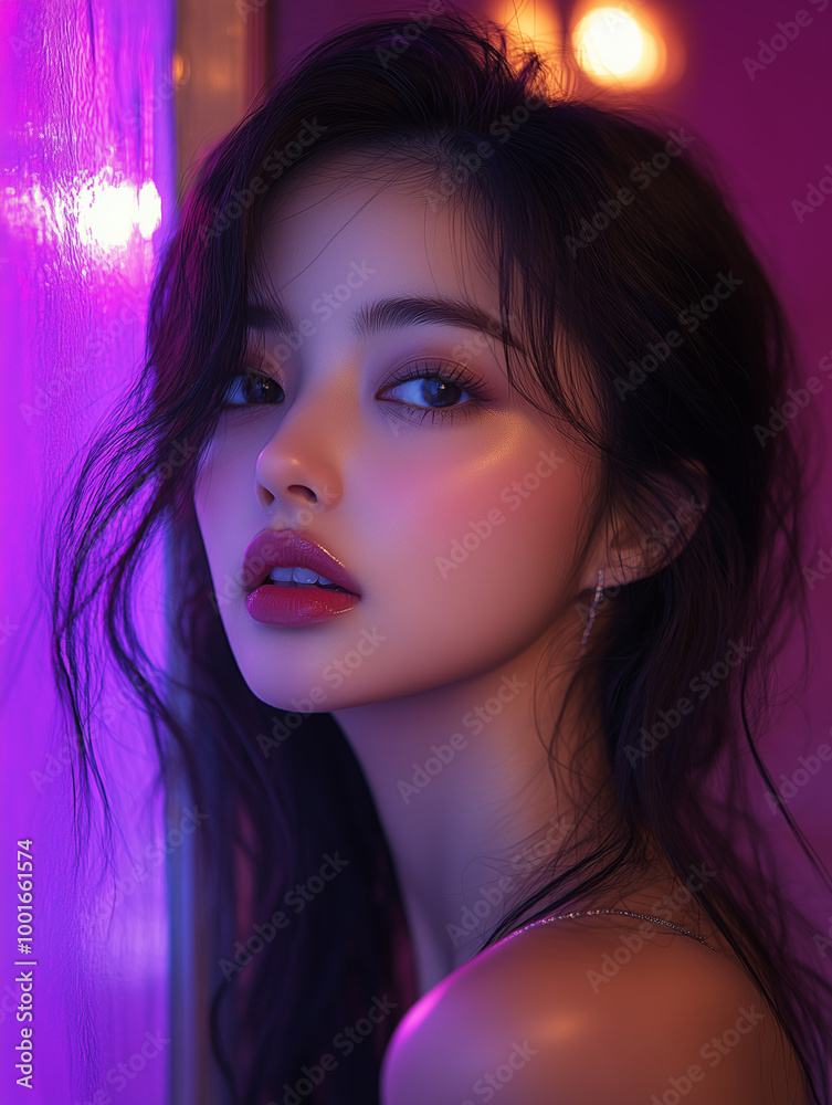 A young Korean woman poses elegantly with soft lighting and vibrant purple hues in a trendy urban setting A young Korean woman poses elegantly with soft lighting and vibrant purple hues in a trendy urban setting