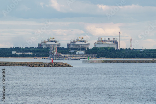 Breakwater heads with concrete tetrapods and navigation lights at the entrance to the LNG gas terminal in Świnoujście, Western Pomerania, Poland