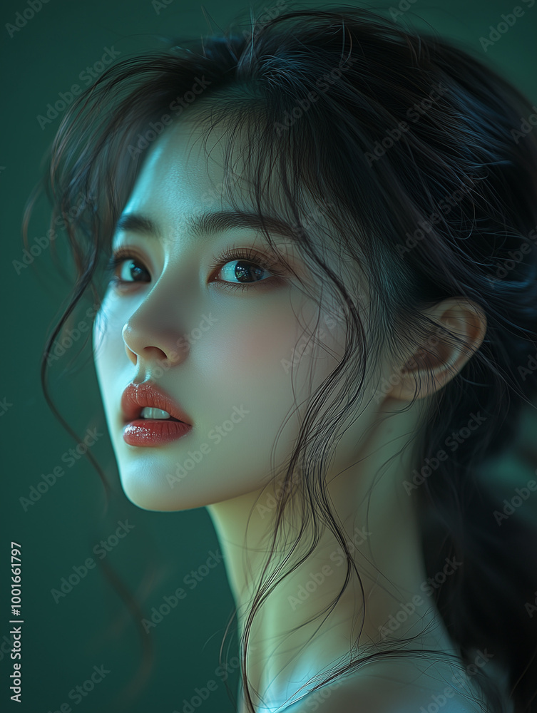 A close-up portrait of a young Korean woman with soft lighting, showcasing her expressive features and wavy hair against a green backdrop