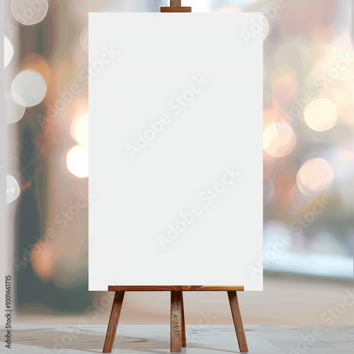 Tabletop blank vertical sign mockup on stand, festive blurred glitter background photo