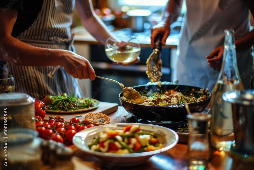 Friends Cooking Dinner Together in a Cozy Kitchen Friends Cooking Dinner Together in a Cozy Kitchen