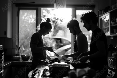 Friends Cooking Dinner Together in a Cozy Kitchen photo