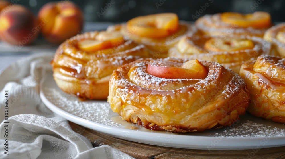 Fluffy, freshly baked buns from yeasted dough with swirls for breakfast topped with juicy peach slices on white plate on rustic wooden background Fluffy, freshly baked buns from yeasted dough with swirls for breakfast topped with juicy peach slices on white plate on rustic wooden background